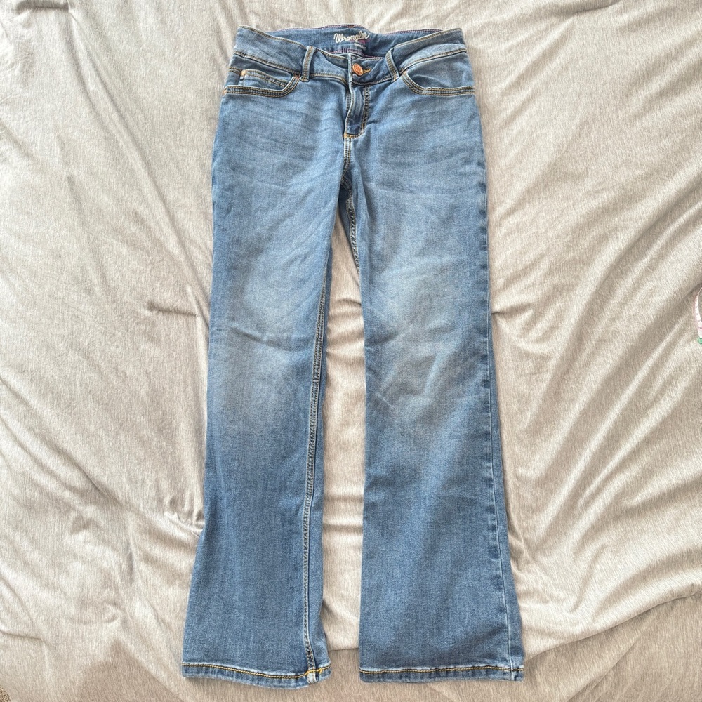 Wrangler Retro Mae Light Blue Bootcut Jeans with Yellow Stitching - Picture 7 of 9